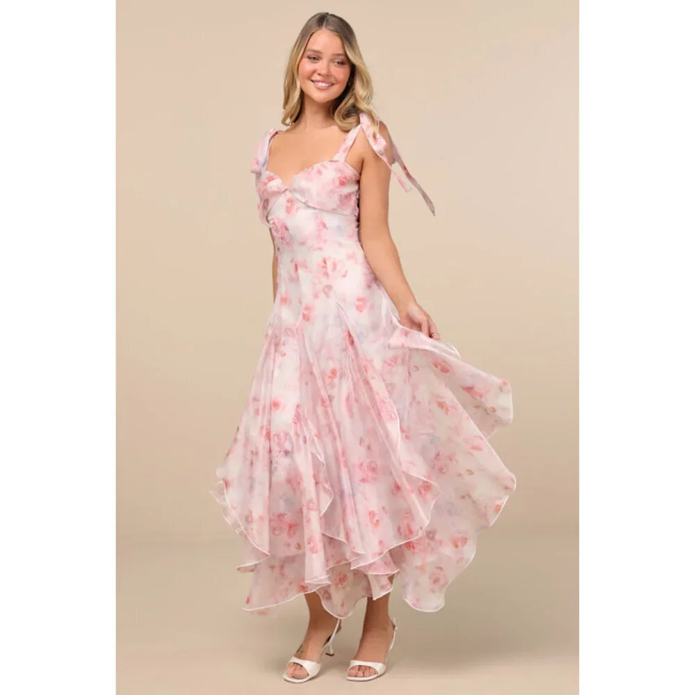 Lulus Cliona Blush Pink Floral Pleated Tie-strap Maxi Dress - Size L - Picture 1 of 1